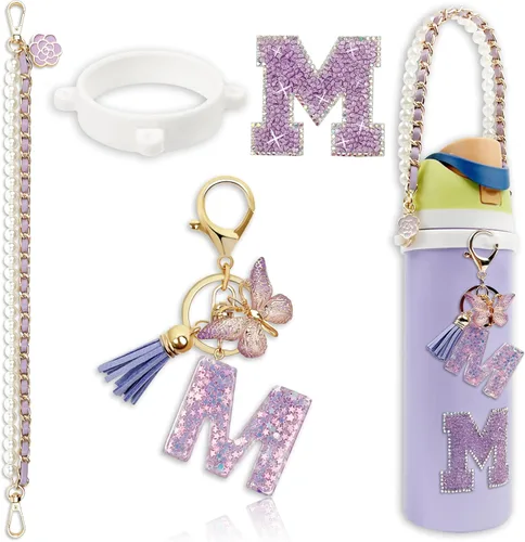 Miniatura 51 de Letter Handle Strap Accessories with Cute Initial Charm Compatible with Owala Water Bottle 24oz 32oz 40oz Owala Kids Púrpura