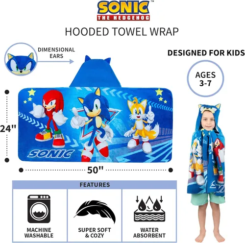 Miniatura 5 de Sonic The Hedgehog, Anime, Toalla Envolvente con Capucha de Algodón Terry Suave para Baño/Piscina/Playa, 24 x 50 pulgadas, Por Franco Kids Multicolor