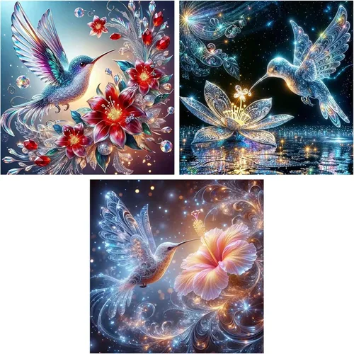 Paquete de 3 kits de arte de diamantes de colibrí para adultos, kits de pintura de diamantes de colibrí para principiantes, diamantes de imitación