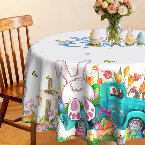 Hexagram Mantel redondo de Pascua de 70 pulgadas, mantel de Pascua con huevos de conejo, camión, manteles florales de primavera para fiesta, hogar,