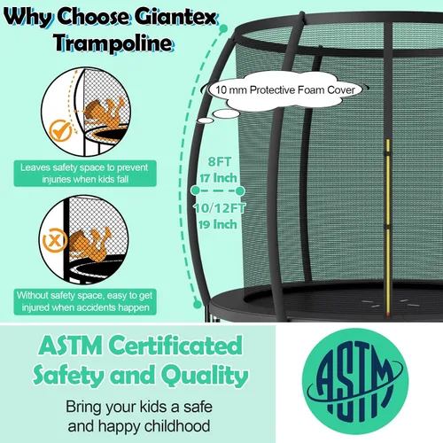 Miniatura 2 de Giantex Trampolín para niños, cama elástica grande para exteriores aprobada por ASTM con red, escalera, marco de acero galvanizado a prueba de Negro