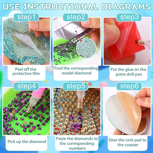 Miniatura 7 de 8 PCS Juego de Posavasos de Arte de Diamantes con Flores, Juego de 8 Posavasos de Pintura de Diamantes con Soporte, Posavasos para Bebidas DIY