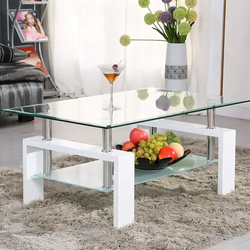 Mesa de centro rectangular de vidrio templado, mesa de té de 2 niveles, mesa auxiliar moderna con estante inferior y patas de madera, mesa de centro