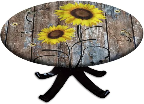 Miniatura 48 de Mantel ajustable con diseño de girasol redondo, borde elástico amarillo, mantel de poliéster para interiores y exteriores, fiesta, cena, patio