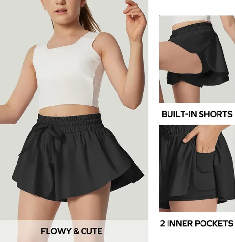 Miniatura 3 de Ewedoos Pantalones cortos holgados 2 en 1 para niñas, pantalones cortos atléticos de mariposa, talla 10-12, lindos pantalones cortos de moda