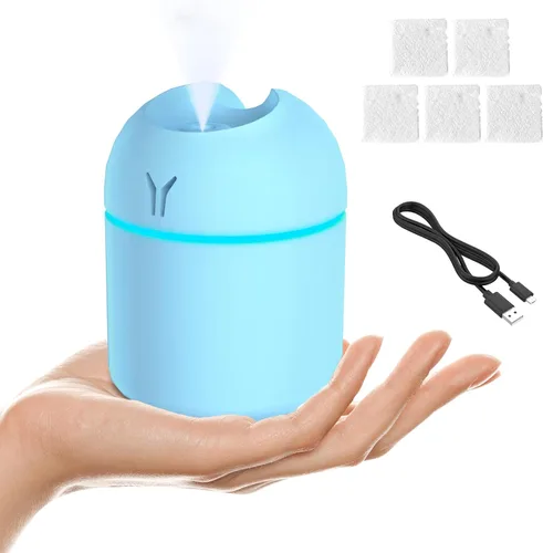 Mini humidificador portátil, humidificador pequeño de 8.5 fl oz, mini humidificador colorido 3 en 1 + luz nocturna + humidificador de automóvil, Azul