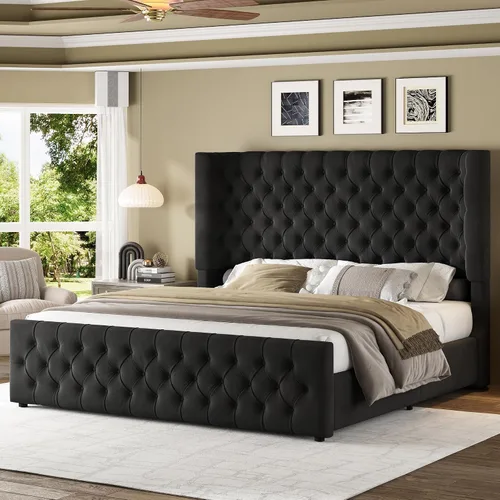 Miniatura 13 de Jocisland Base de cama tapizada tamaño Queen con cabecera curvada de 6.3 pulgadas, estribo copetudo, listones de madera, no necesita somier