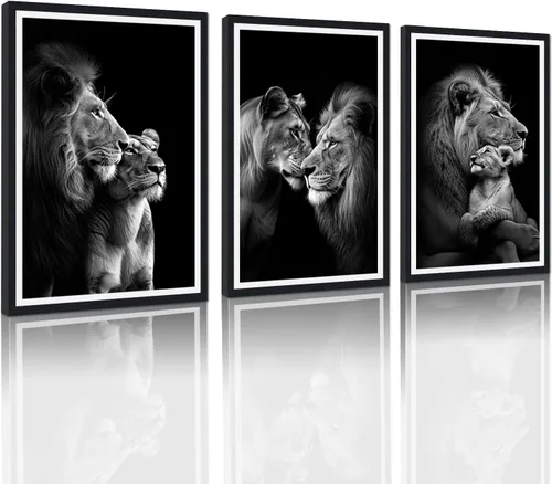 Miniatura 52 de 3 piezas modernas de lienzo de león de animales salvajes, pinturas de retratos de familia de leones, decoración de pared, obras de arte de sala