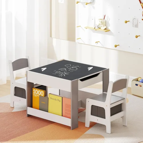 Miniatura 9 de HONEY JOY Mesa y sillas para niños, juego de actividades de madera 4 en 1 para niños con libreros dobles, almacenamiento, tablero desmontable