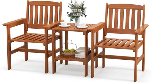 Tangkula Juego de 3 piezas de conversación de patio, asiento de conversación de madera al aire libre con mesa y agujero para paraguas, juego de 3