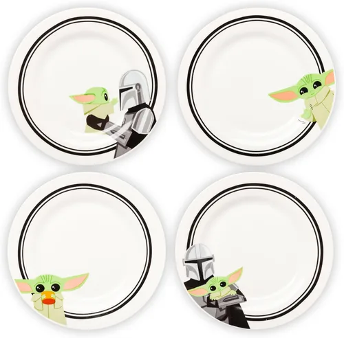 Silver Buffalo Star Wars The Mandalorian and The Child Baby Yoda Grogu - Juego de 4 platos de cerámica con borde de 8 pulgadas El mandaloriano