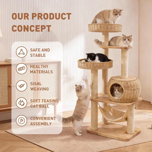 Miniatura 2 de Árbol de madera para gatos de 55 pulgadas para gatos de interior y adultos, torre alta para gatos con poste rascador y acogedora hamaca para gatos