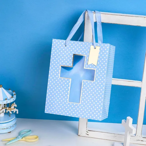 Miniatura 5 de Loveinside Bolsa de regalo azul, bolsa de regalo con diseño de cruz religiosa y puntos con papel de seda, etiqueta para bautismos de bebé, baby