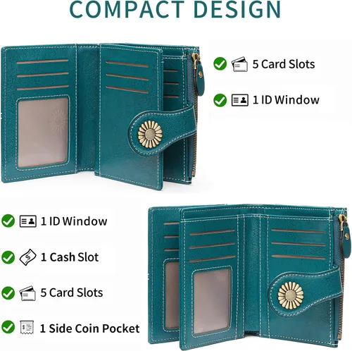 Miniatura 35 de SENDEFN - Billetera pequeña de piel auténtica para mujer, diseño plegable con ventana para tarjeta de identificación