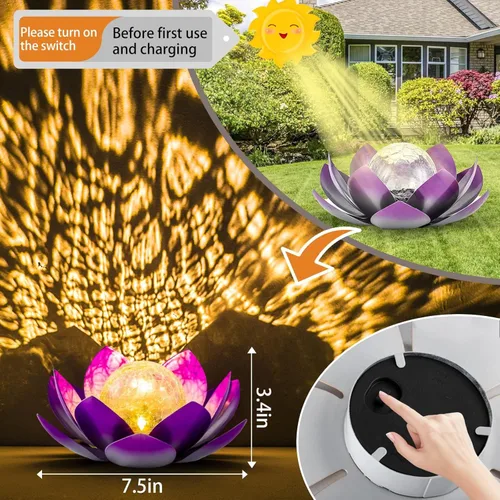 Miniatura 4 de AIINY Luz solar al aire libre (paquete de 2), decoración de loto de cristal, LED solar, impermeable, luces de flores de metal morado para patio, Azul