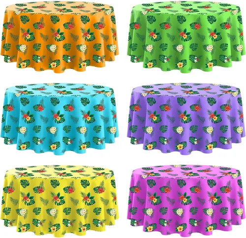 Oudain 6 manteles hawaianos redondos de verano de 84 pulgadas, manteles de plástico Lagre Tropical Luau con hojas de palma y flor de hibisco,