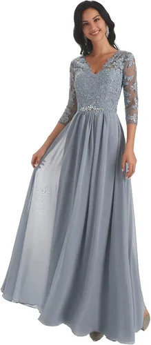 Miniatura 3 de Vestido largo formal de noche para mujer con apliques de encaje con cuello en V y mangas