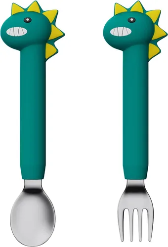 Juego de tenedores y cucharas para bebé, utensilios de entrenamiento para bebés, cubiertos de silicona y acero inoxidable para niños y niños