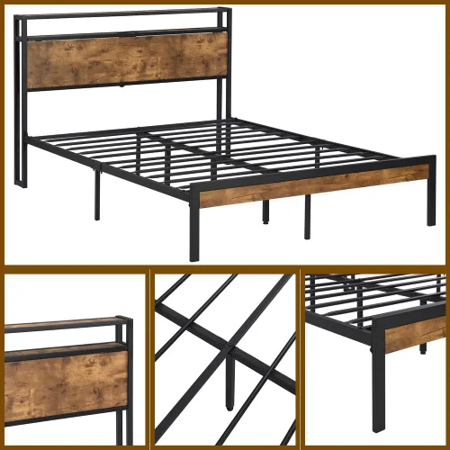 Miniatura 5 de Base de cama industrial tamaño matrimonial, marco de cama de plataforma con tomas de corriente y 2 puertos USB y con cabecera de almacenamiento de 2