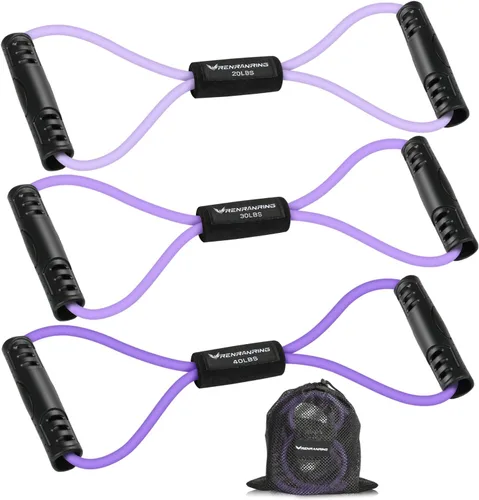 Miniatura 7 de RENRANRING Bandas de Resistencia de Fitness en Forma de 8 con Asas - Juego de 3 Bandas de Tubo de Ejercicio para Estiramiento de Brazos y Hombros