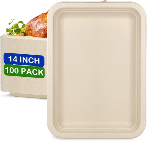 Miniatura 8 de Platos de papel grandes de 14 pulgadas, paquete de 50 bandejas desechables, platos de papel 100% compostables resistentes, platos desechables