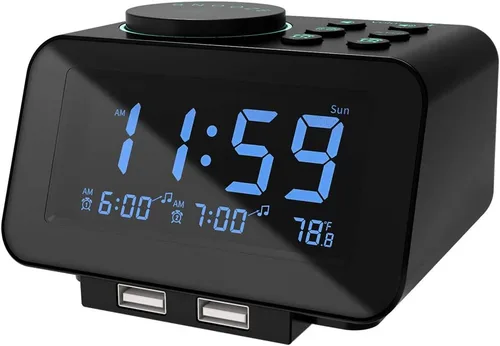 uscce Radio despertador digital dual – 0-100% atenuador con modo de día de semana/fin de semana, 6 sonidos de volumen ajustable, radio FM con Negro