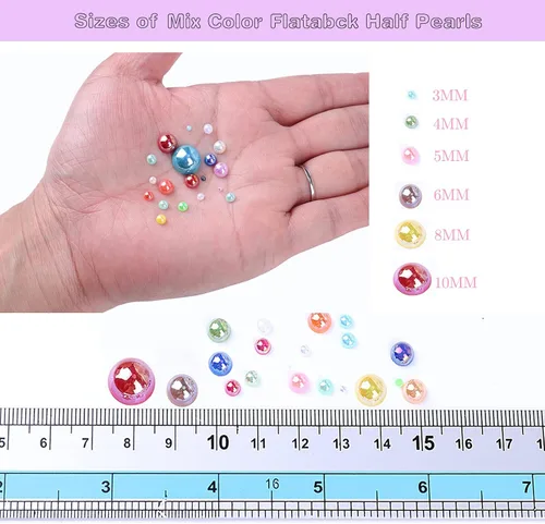 Miniatura 2 de Perlas con parte trasera plana para manualidades, 50g Mezcla Azul Rosa Blanco Medias perlas para manualidades, Tamaño mixto 3/4/5/6/8/10mm Perlas