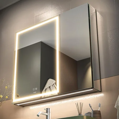Miniatura 12 de GANPE Gabinete de espejo de medicina para baño con luz LED con enchufes y USBs, luz regulable antivaho y ajuste de color, gabinete de aluminio fácil