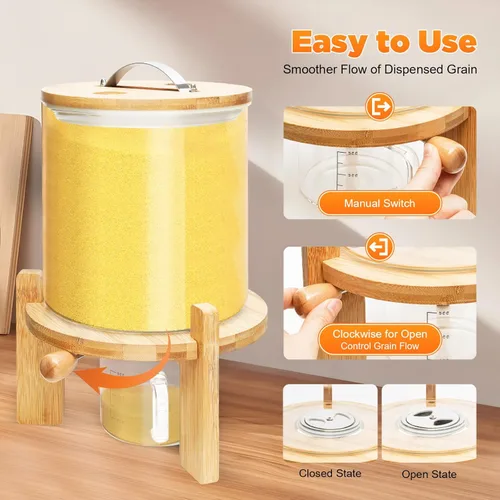 Miniatura 5 de Dispensador de arroz, cubo de vidrio dispensador de granos, dispensador de almacenamiento de cereales, contenedor de almacenamiento de gran