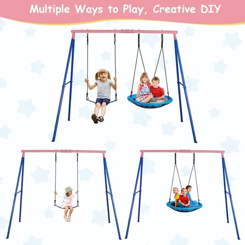 Miniatura 7 de Lunafun Columpios para exteriores para niños, 440 libras, soporte de columpio de metal resistente con marco en A, 1 platillo y 1 asiento de columpio