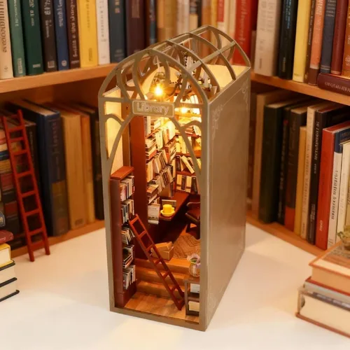 Miniatura 5 de Kit de rincón de libros para bricolaje con luces LED, rompecabezas de madera 3D para insertar en estantería y decoración de casa de muñecas, kit