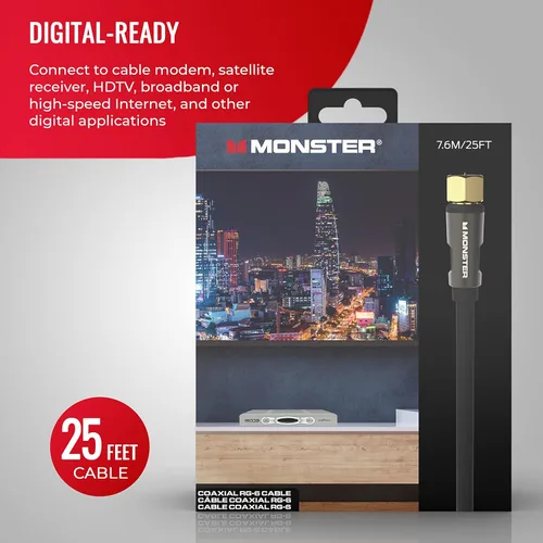 Miniatura 6 de Monster Essentials - Cable coaxial RG-6 con conector de cable coaxial F-Pin chapado en oro, cable de Internet de alta velocidad con cubierta