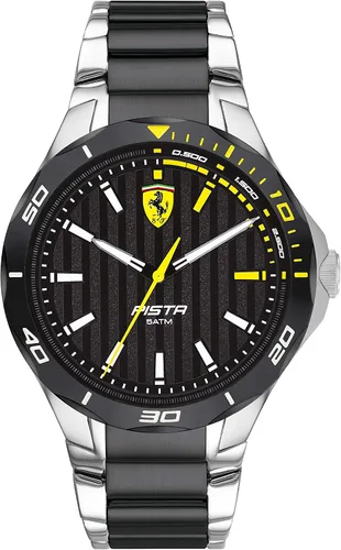 Ferrari Scuderia Pista Reloj casual de cuarzo para hombre, acero inoxidable y pulsera, color plateado y negro (Modelo 0830762), Plateado y negro,