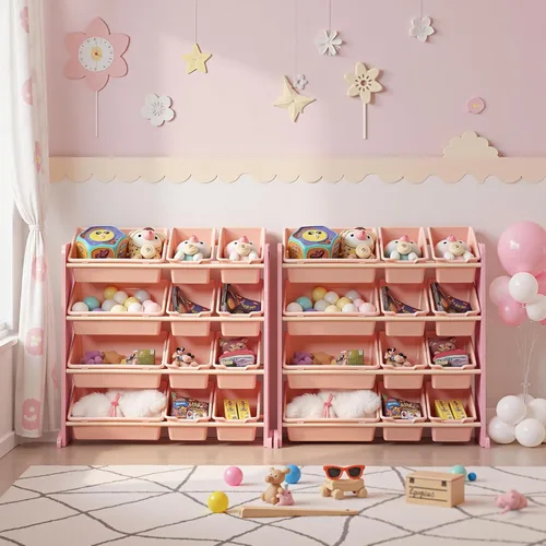 Miniatura 8 de VECELO Organizador de almacenamiento de juguetes para niños de gran capacidad con 12 contenedores - Estante de madera para juguetes para niños Rosa