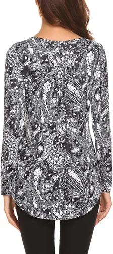 Miniatura 5 de Blusa de manga larga con estampado floral Henley cuello en V, plisada, casual, acampanada, para mujer