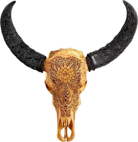 Skull Bliss - Auténtica calavera de búfalo tallada a mano de taxidermia real/Decoración de pared única con calavera de toro real/Decoración genuina