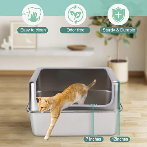 Miniatura 3 de Cajas de arena de acero inoxidable XL para gatos con tapa de metal, bandeja de arena extragrande de 20 x 14 x 12 pulgadas con recinto de pared alta