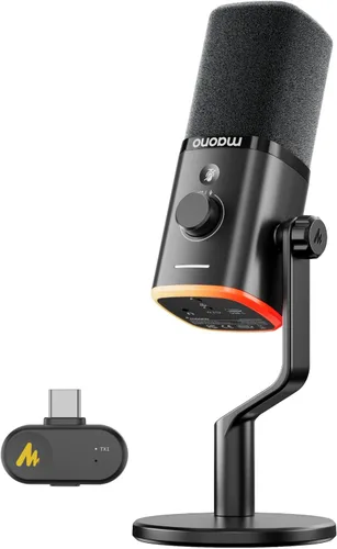 MAONO PD100W Micrófono dinámico inalámbrico para PC, micrófono USB para juegos para transmisión y podcast, cancelación de ruido, RGB, micrófono de