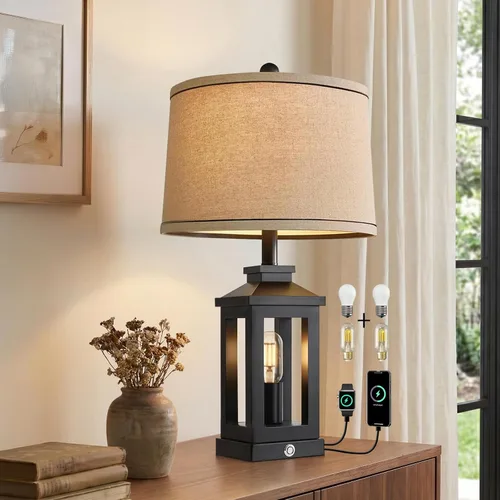 Miniatura 12 de G-SAFAVA Lámparas de mesa de granja de 23.75 pulgadas, puertos de carga USB A+C, lámpara de control táctil regulable de 3 vías, luz nocturna