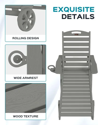 Miniatura 5 de Ciokea Silla de Descanso para Exteriores, Tumbona de Gran Tamaño con 5 Posiciones, HDPE, Silla de Descanso de Patio con Ruedas y Portavasos para Gris
