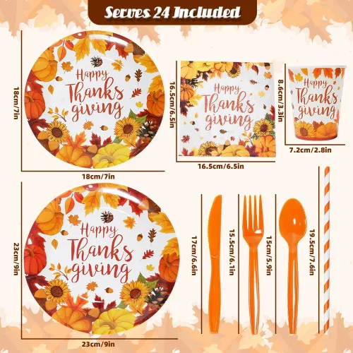 Miniatura 2 de Decoraciones de fiesta de otoño: juego de platos y servilletas de papel de Acción de Gracias para 24, sirve vajilla de Acción de Gracias