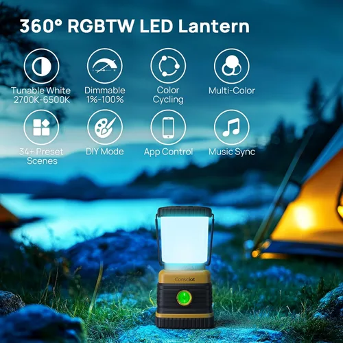 Miniatura 2 de Consciot Linterna LED inteligente RGBTW alimentada por batería con control de aplicación, 1000 lm, blanco sintonizable 2700K-6500K y 16 millones