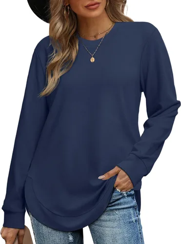 Miniatura 2 de OFEEFAN Sudadera de manga larga con cuello redondo para mujer, dobladillo curvado