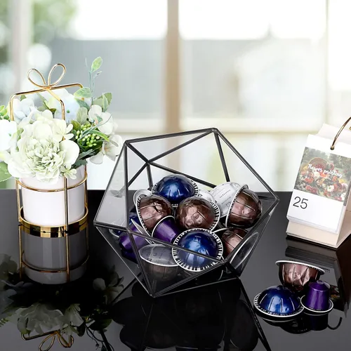 Miniatura 4 de ELLDOO Soporte para cápsulas de café de vidrio negro, caja geométrica de 15 caras, organizador de cápsulas de café para taza K expreso, bolsas