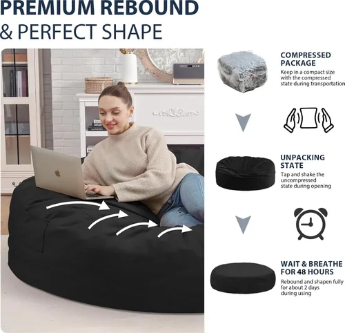 Miniatura 85 de Puf de 5 pies, puf grande con relleno de espuma viscoelástica, sofá puff esponjoso con funda de terciopelo holandés, puf redondo para sala de estar