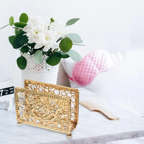 Miniatura 4 de Hemobllo Retro Metal Napkin Holder Gold Rectangular Freestanding Napkin Stand Decorative Tissue Rack for Kitchen Dining Table Farmhouse