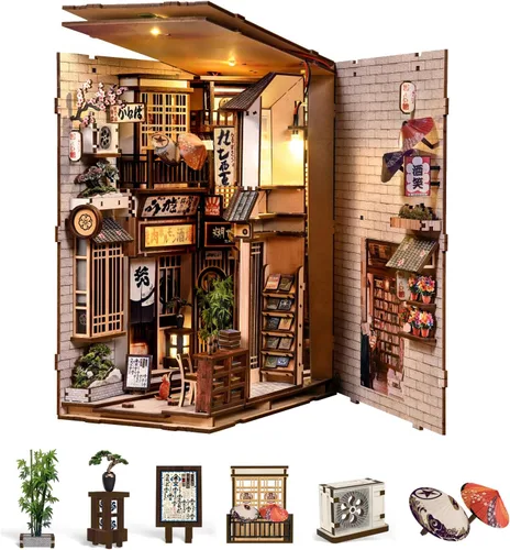 Miniatura 13 de Kit de rincón de libros en miniatura, rompecabezas de madera 3D, decoración de estantería de biblioteca con luces LED, modelo de casa pequeña