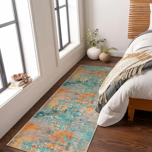 Miniatura 30 de Lahome Alfombra redonda moderna abstracta de 3 pies, color azul, lavable, de 3 x 3 pies, para cocina, entrada, suave, pequeña, antideslizante