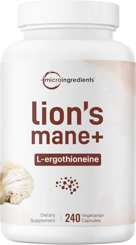 Micro Ingredients Extracto de hongo melena de león con L-ergotioneína, 240 cápsulas vegetales, suministro para 4 meses | Sin OMG