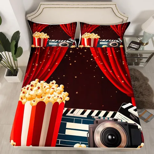 Miniatura 17 de Erosebridal Sábana bajera ajustable de noche de cine tamaño individual para niños y niñas, decoración de cine en casa, sábanas para amantes